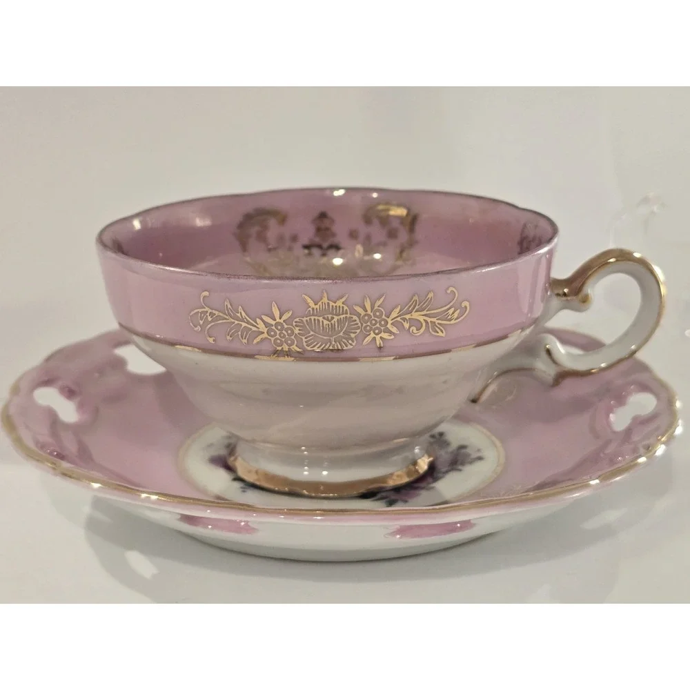 Vtg Pink Lusterware Teacup Saucer Set Floral Roses, Reticulated Edge, Gold Trim